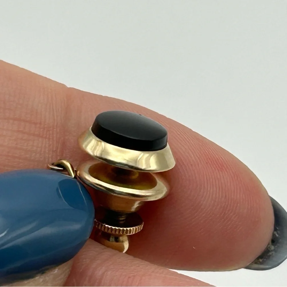 Men's Round Faux Black Stone Tie Tack with Gold Tone Chain Classic Elegant